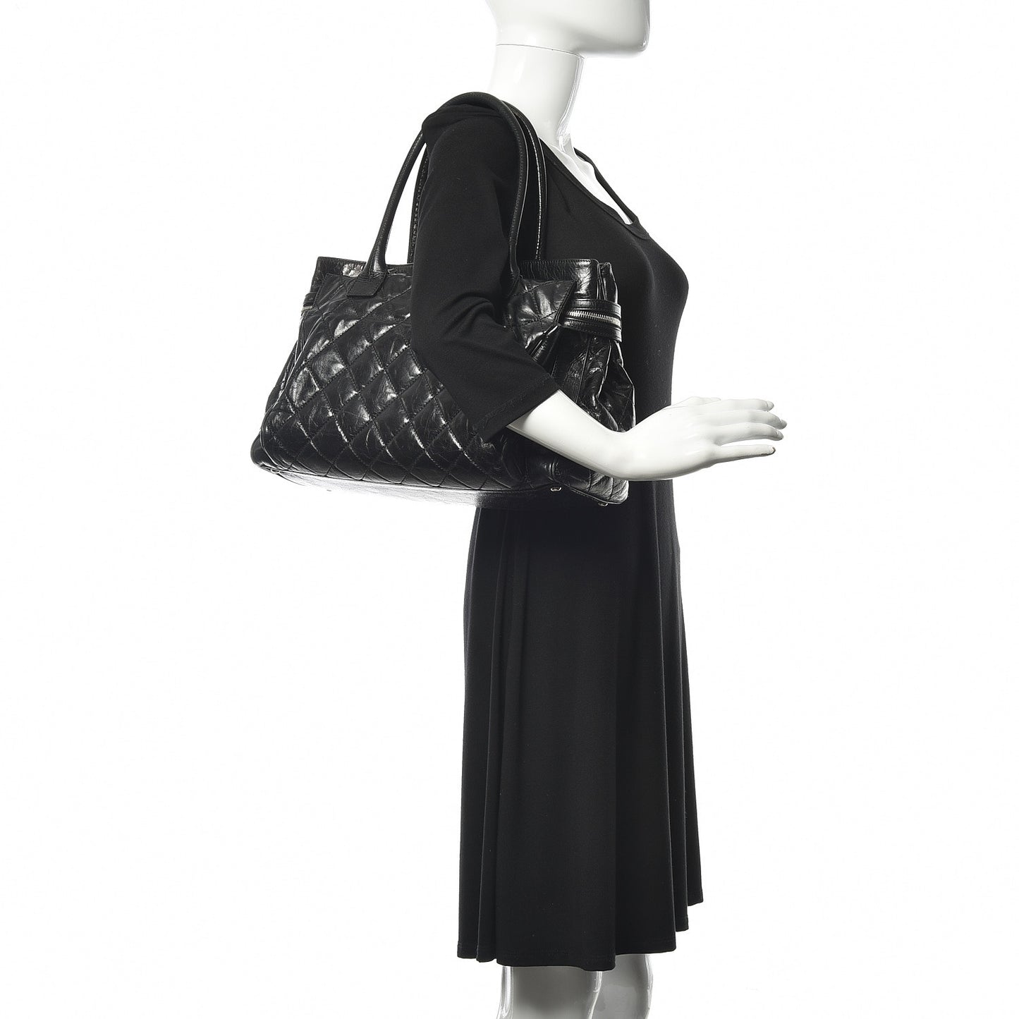 Glazed Calfskin Quilted Large New Portobello Tote Black