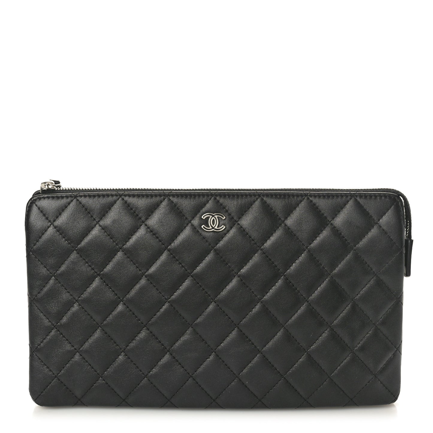 Lambskin Quilted Large Zipped Clutch Black