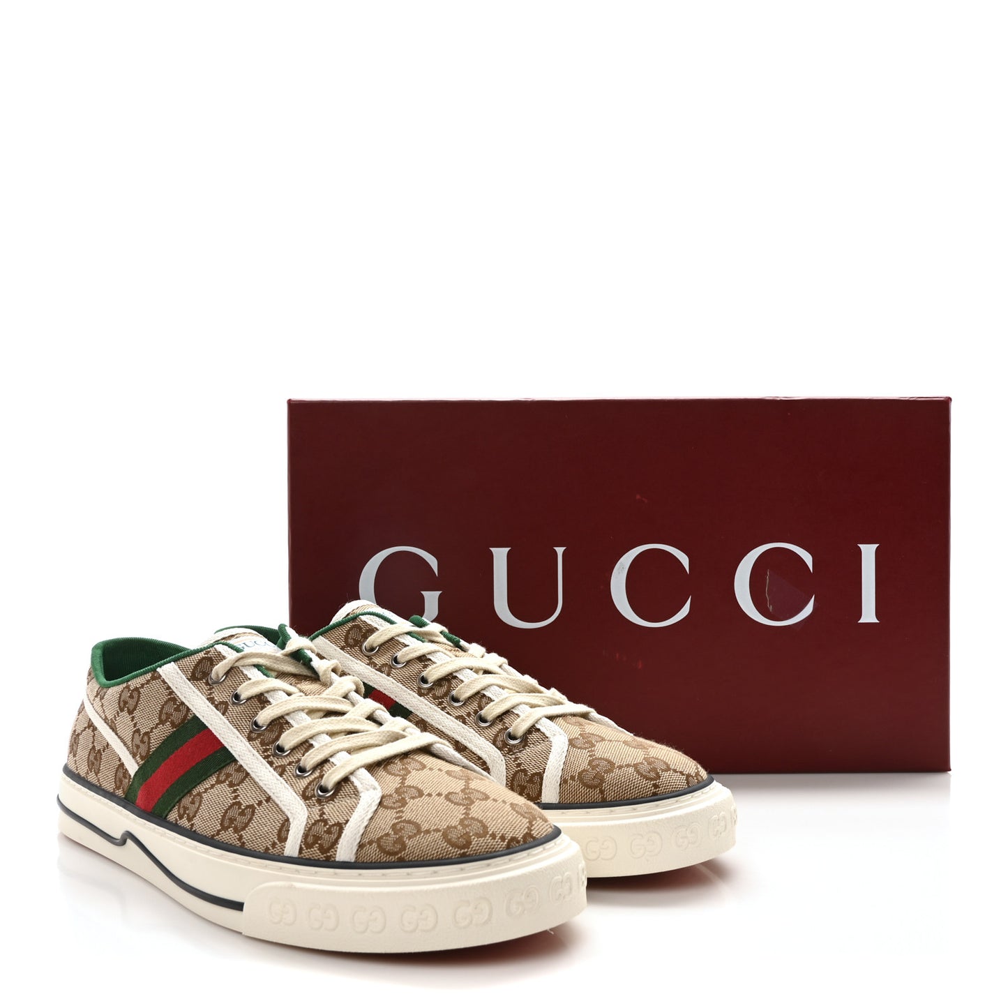 GG Monogram Web Mens 1977 Tennis Sneakers 9 Beige Ebony Mystic White Vert
