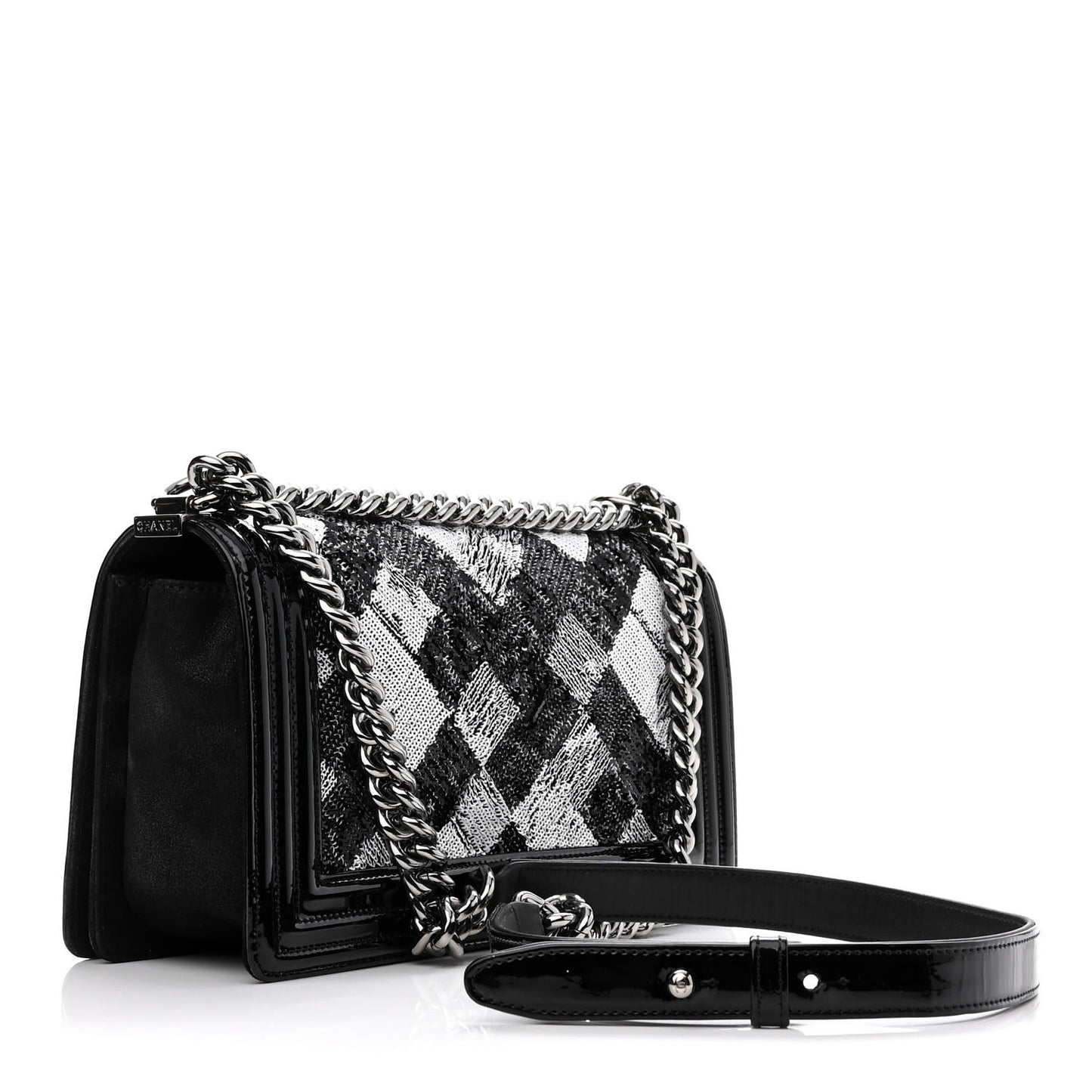 Patent Iridescent Calfskin Sequin Medium Boy Flap Bag Black
