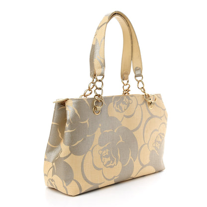 Chanel Canvas Camellia Printed Shoulder Bag Beige Grey 3 of 9