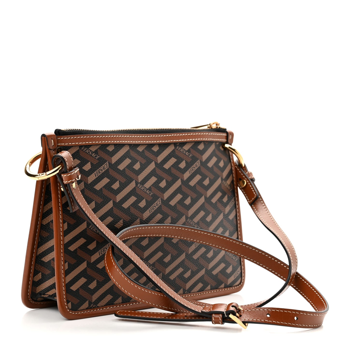 Coated Canvas Medium La Greca Signature Pouch Black Caramel