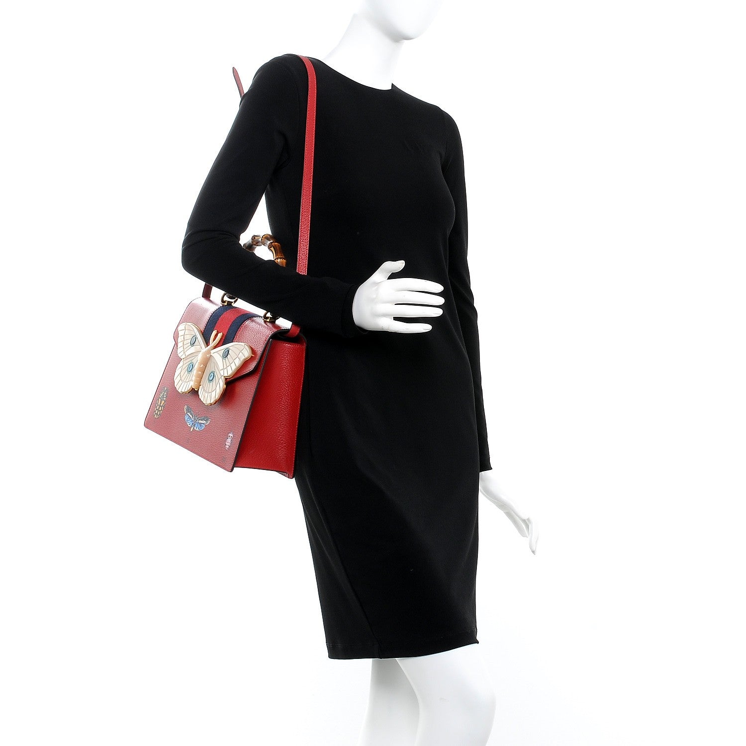 Gucci Calfskin Bamboo Web Medium Falena Moth Top Handle Bag Hibiscus Red 2 of 8