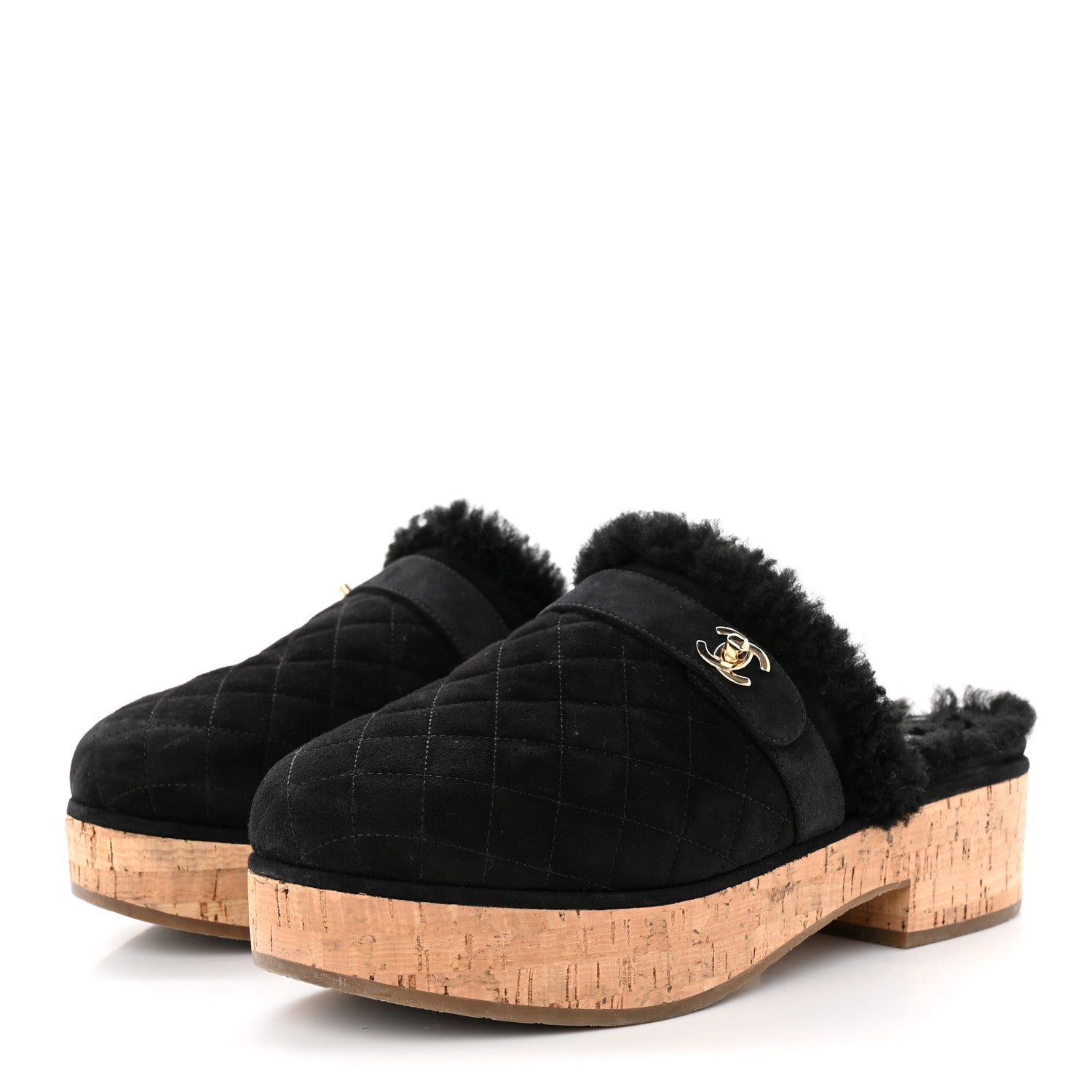 Chanel Suede Calfskin Shearling Turn Lock Clogs 41 Black 3 of 11