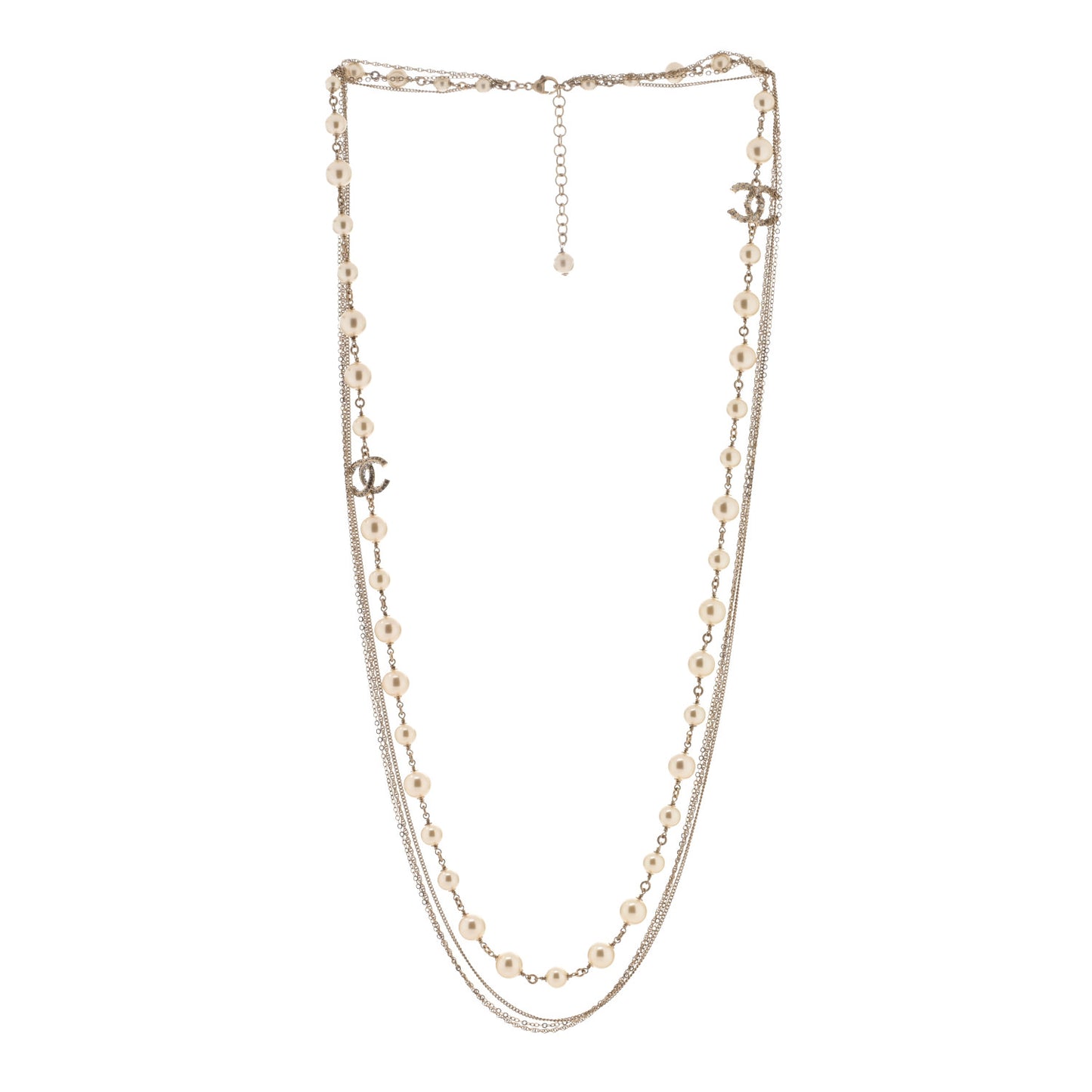 Pearl Crystal Multi Strand CC Long Necklace Gold