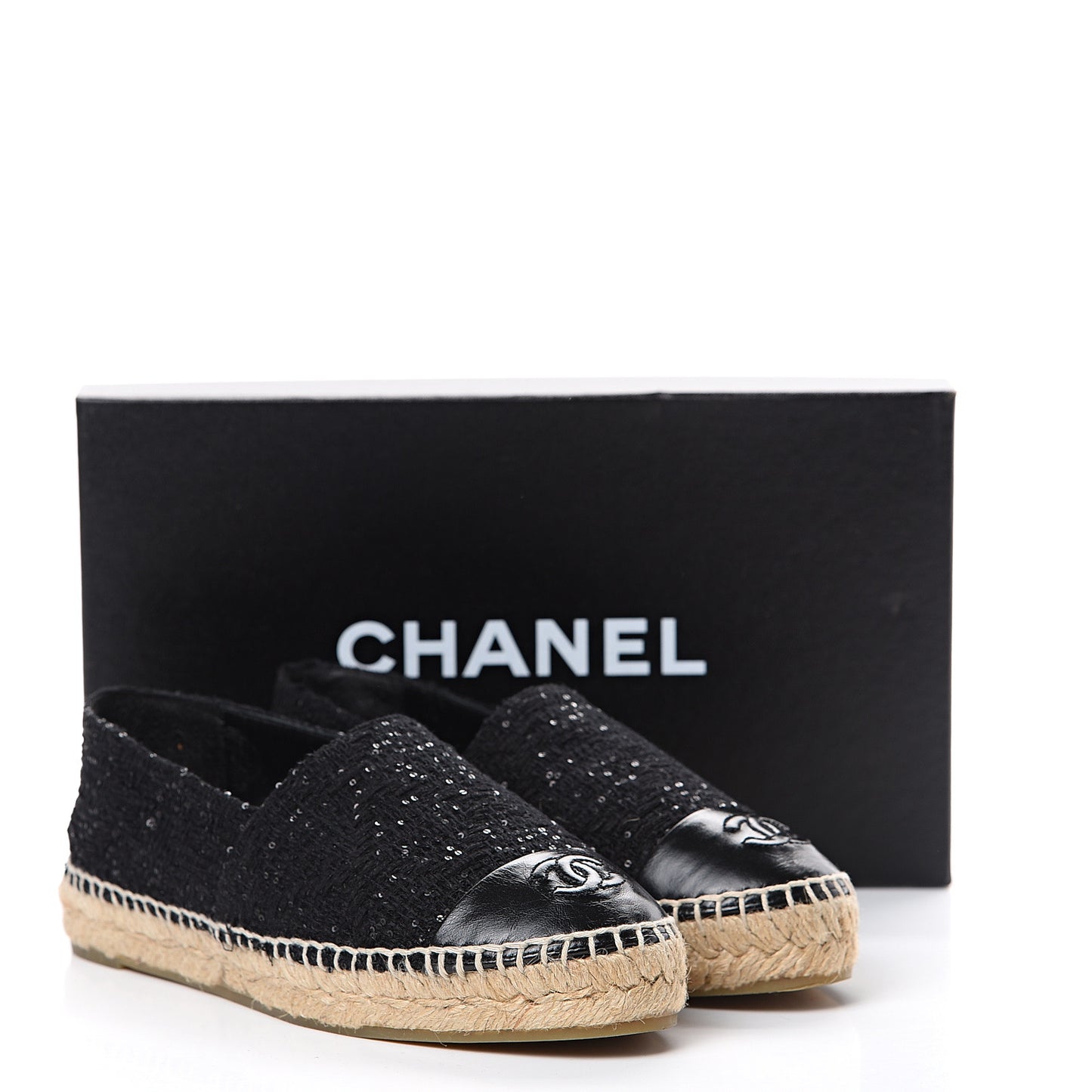 Tweed Patent Goatskin Sequin CC Espadrilles 37 Black