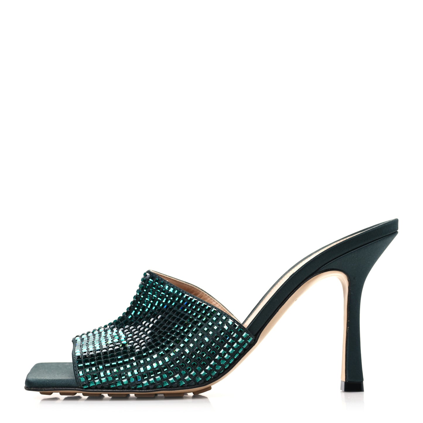 Satin Crystal Embellished Stretch Mule Sandals 39 Green