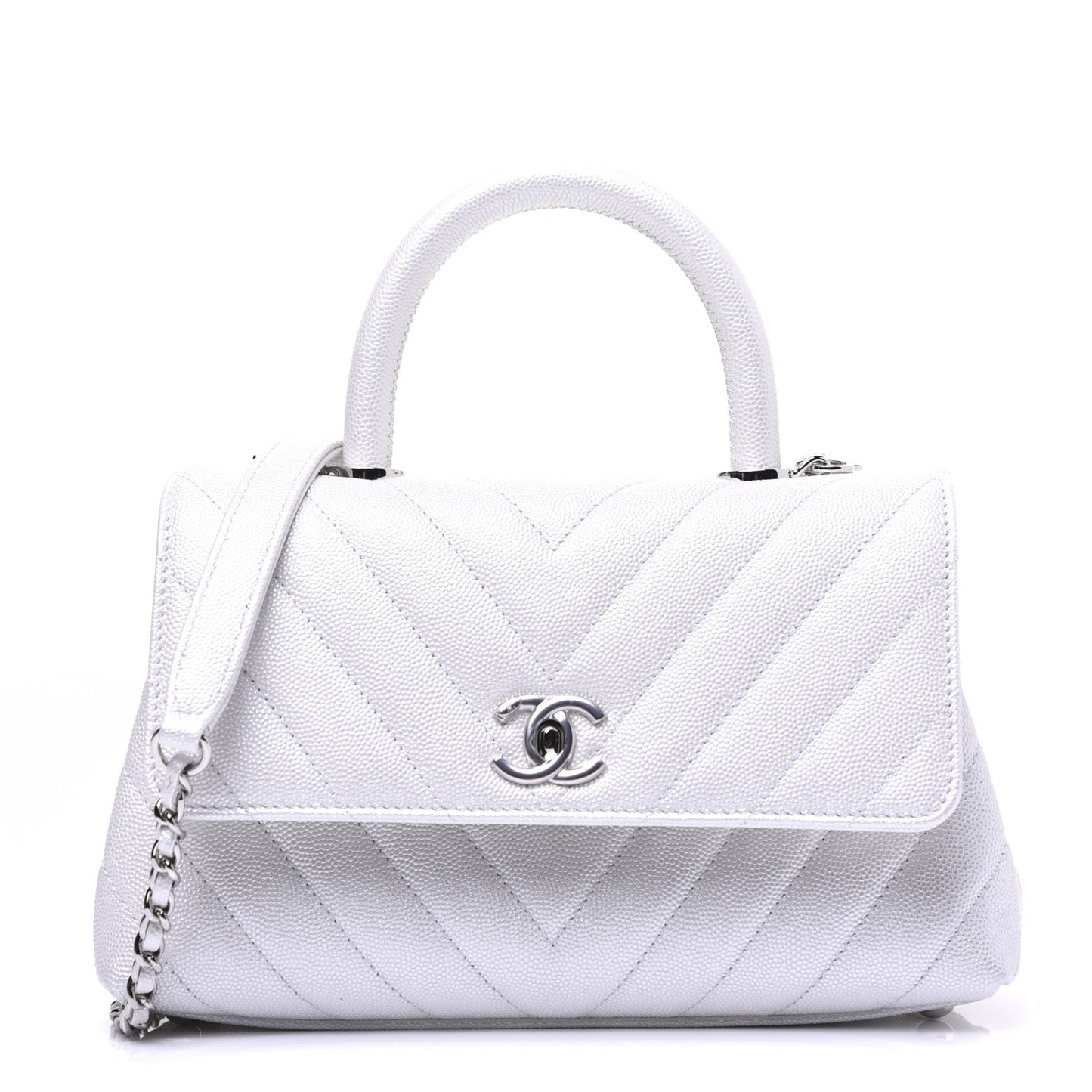 Iridescent Caviar Chevron Quilted Mini Coco Handle Flap White