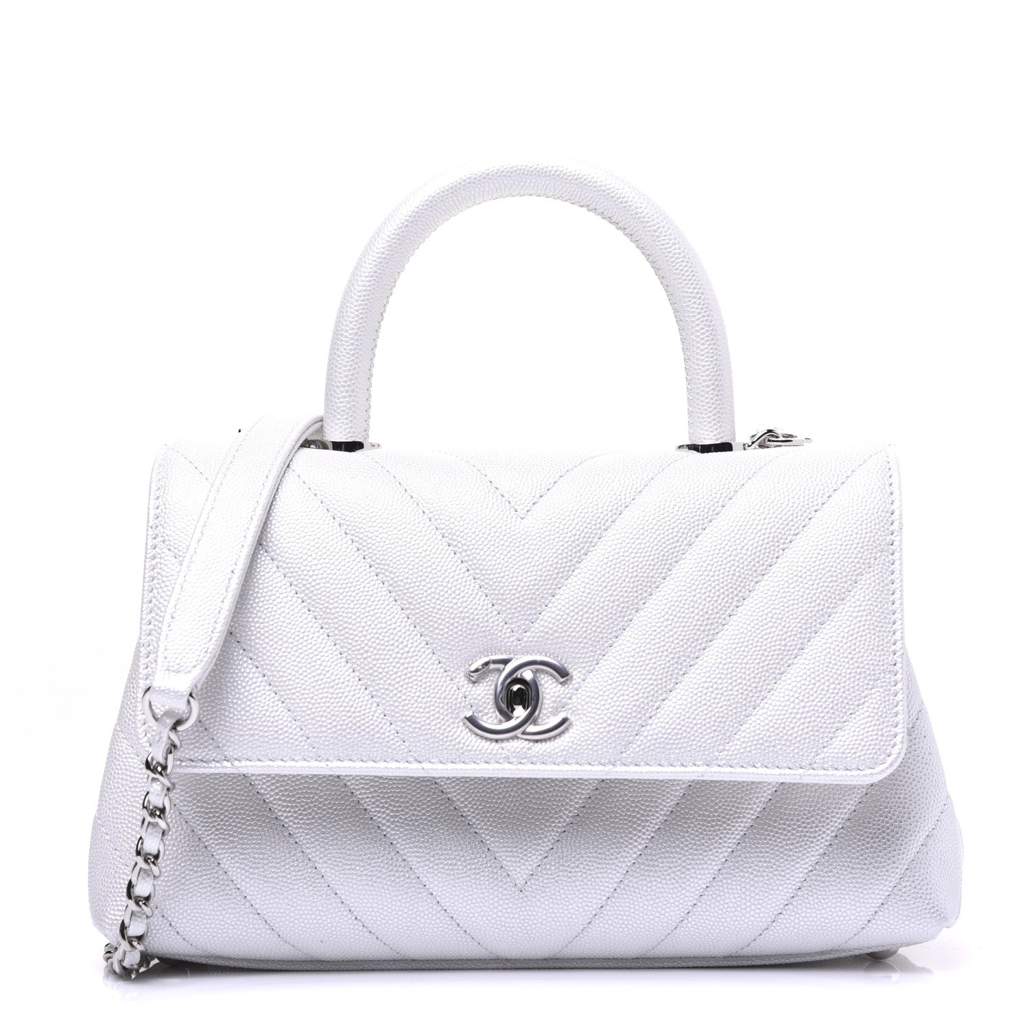 Chanel Iridescent Caviar Chevron Quilted Mini Coco Handle Flap White 1 of 27