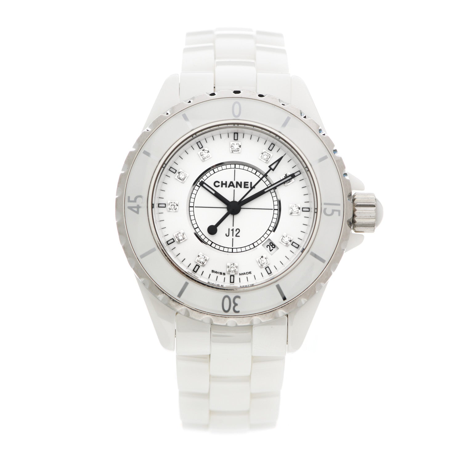 Chanel Stainless Steel Ceramic Diamond 33mm J12 Quartz Watch White 1 of 4
