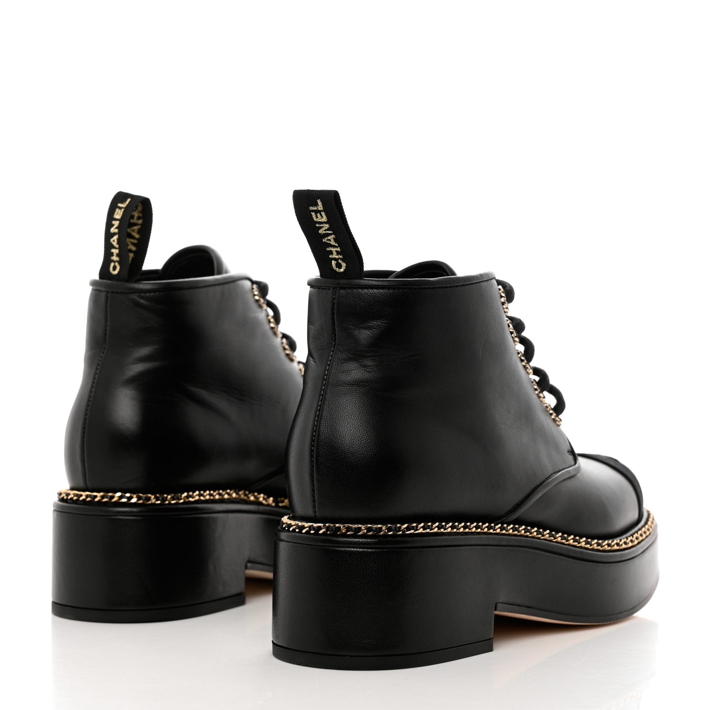 Calfskin Grosgrain Chain Lace Up CC Short Boots 38 Black