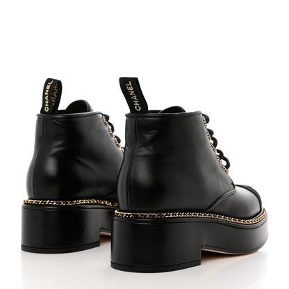 Chanel Calfskin Grosgrain Chain Lace Up CC Short Boots 38 Black 4 of 11
