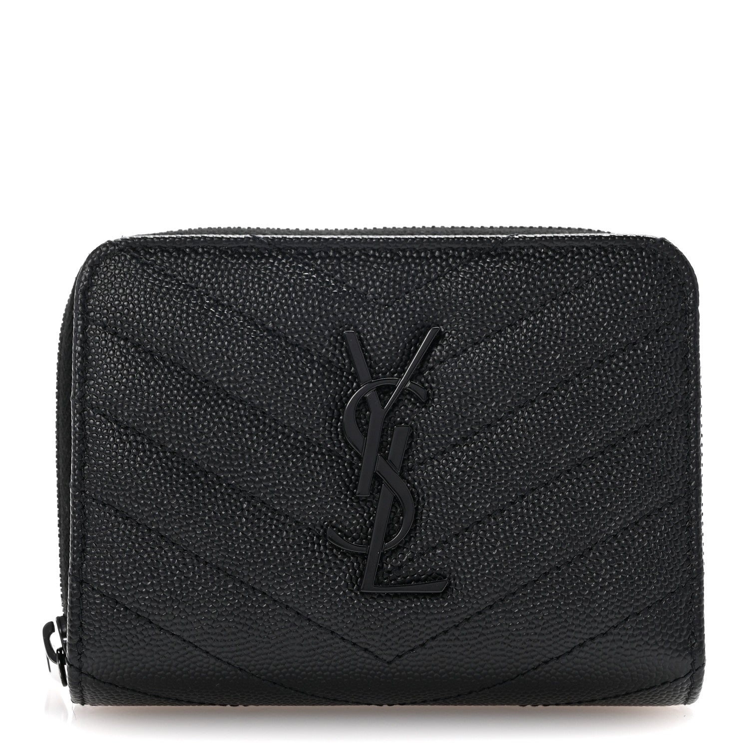 Saint Laurent Grain De Poudre Matelasse Chevron Monogram Monochrome Compact Zip Around Wallet Black 1 of 9