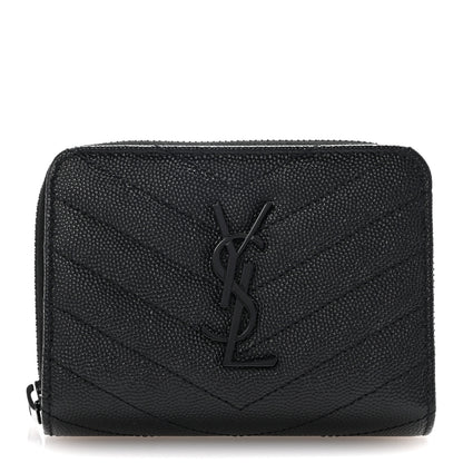 Saint Laurent Grain De Poudre Matelasse Chevron Monogram Monochrome Compact Zip Around Wallet Black 1 of 9