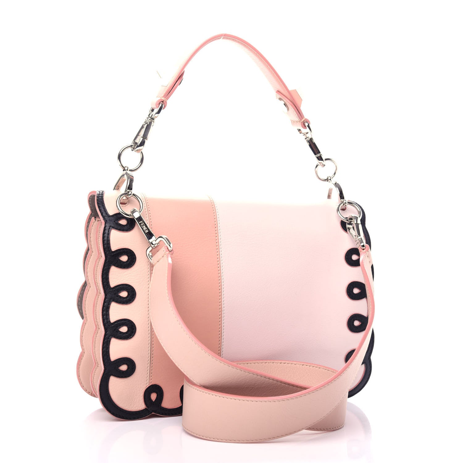 Fendi Vitello Dolce Scalloped Studded Scrollwork Kan I Shoulder Bag Plaster Black 3 of 11