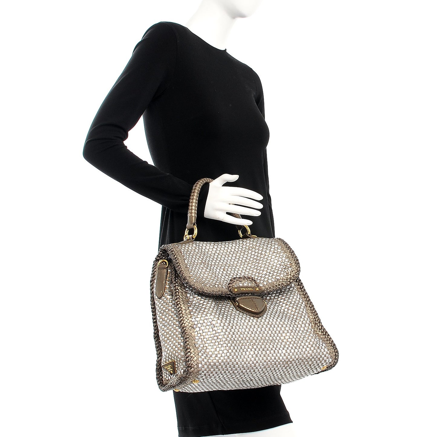 Metallic Goatskin Woven Top Handle Satchel Silver Gold