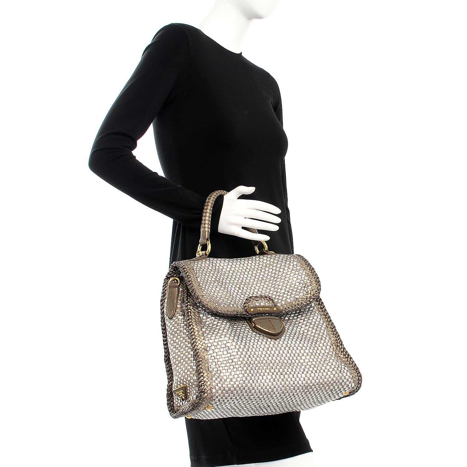 Prada Metallic Goatskin Woven Top Handle Satchel Silver Gold 2 of 9