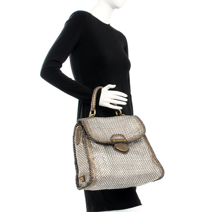 Prada Metallic Goatskin Woven Top Handle Satchel Silver Gold 2 of 9
