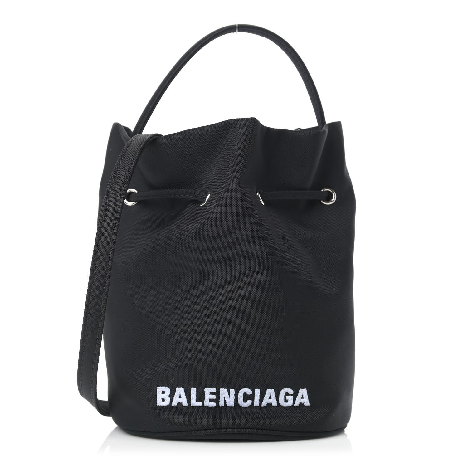 Balenciaga Recycled Sport Nylon Logo Embroidered Wheel Drawstring Bucket Bag Black White 1 of 10