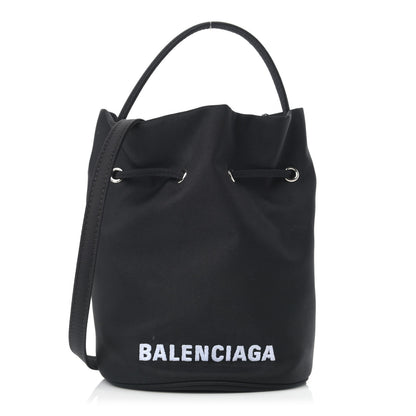 Balenciaga Recycled Sport Nylon Logo Embroidered Wheel Drawstring Bucket Bag Black White 1 of 10