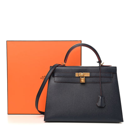 Hermes Epsom Contour Kelly Sellier 32 Bleu Indigo Rouge H 15 of 15