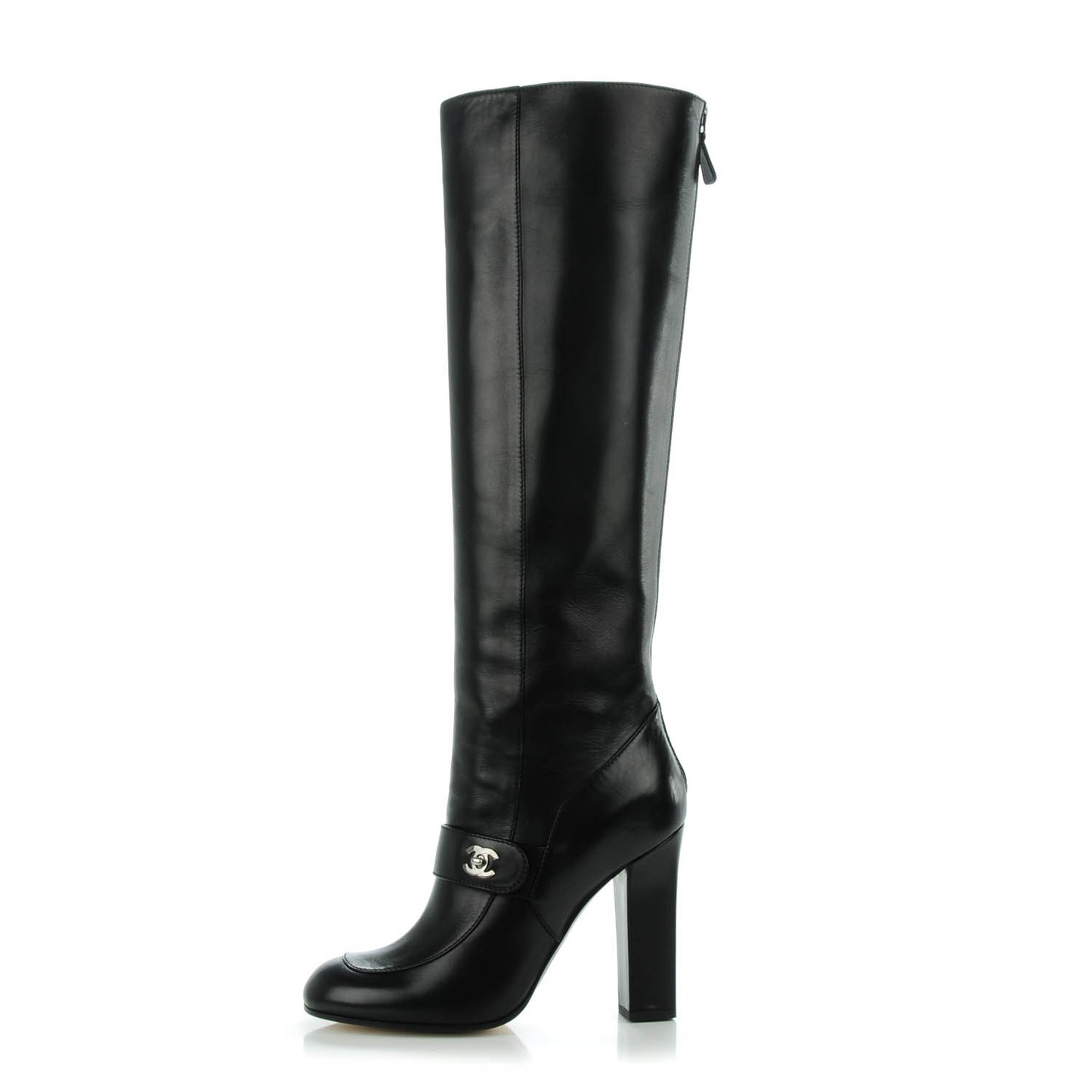 Calfskin CC Turnlock Knee High Boots 38 Black