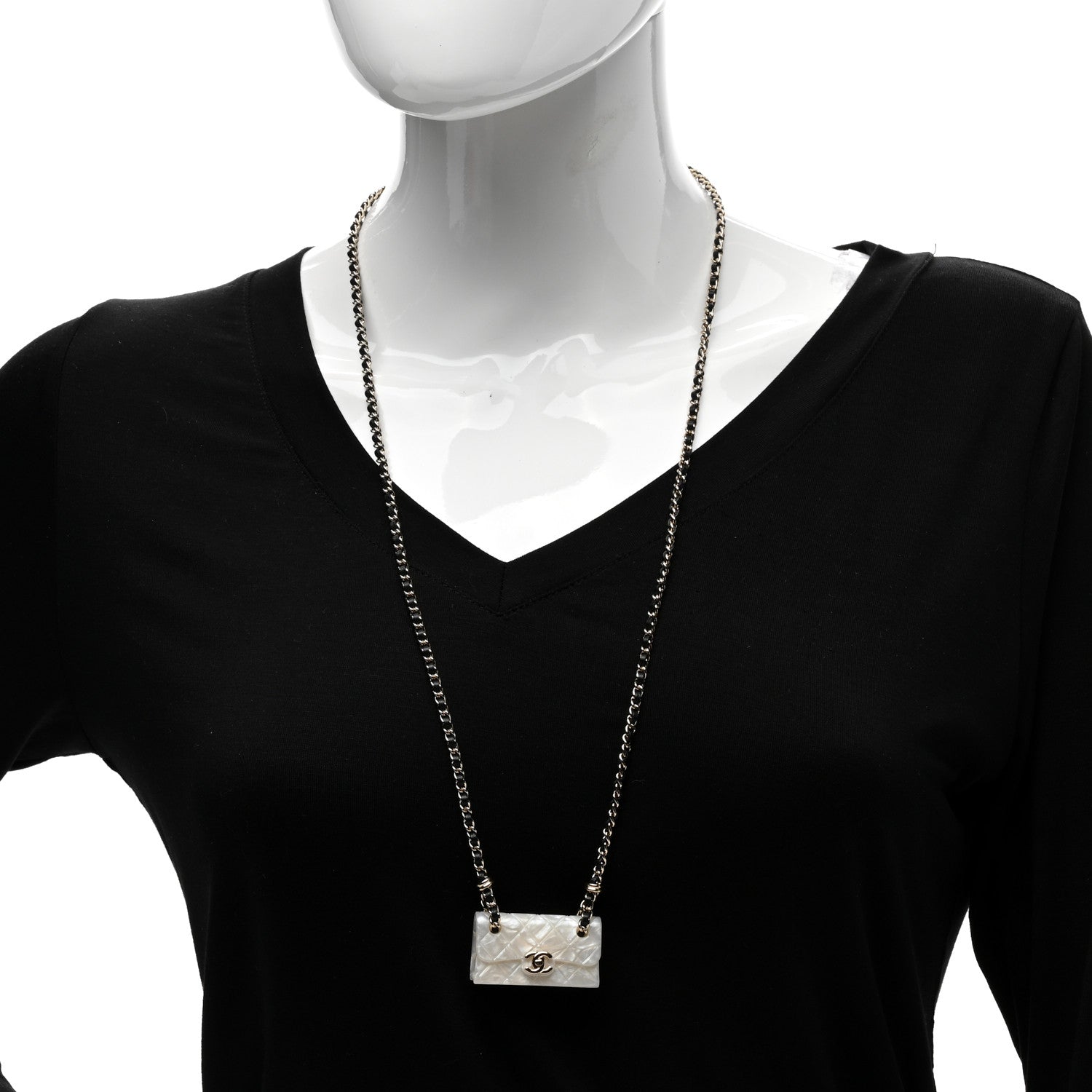 Chanel Metal Resin Calfskin Quilted CC Turnlock Chain Bag Necklace Gold White 2 of 4