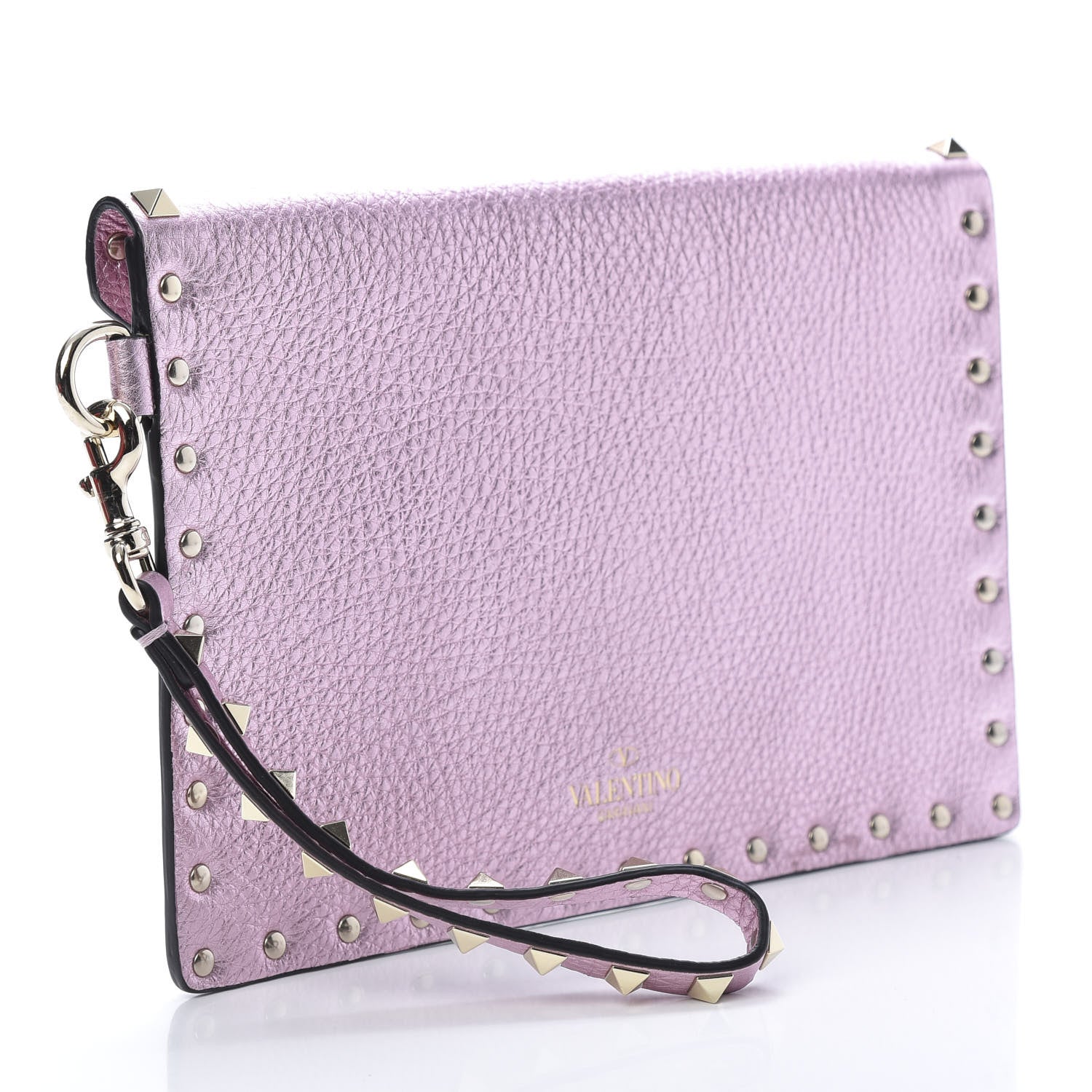 Valentino Garavani Metallic Pebbled Calfskin Medium Rockstud Envelope Flat Wristlet Pouch Giacinto 3 of 6
