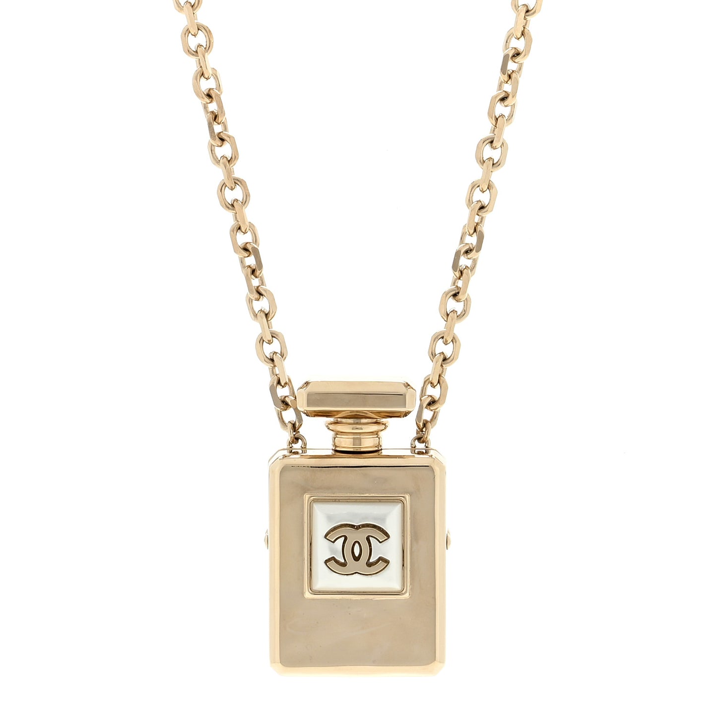 Metal Pearl Perfume Bottle CC Locket Necklace Gold