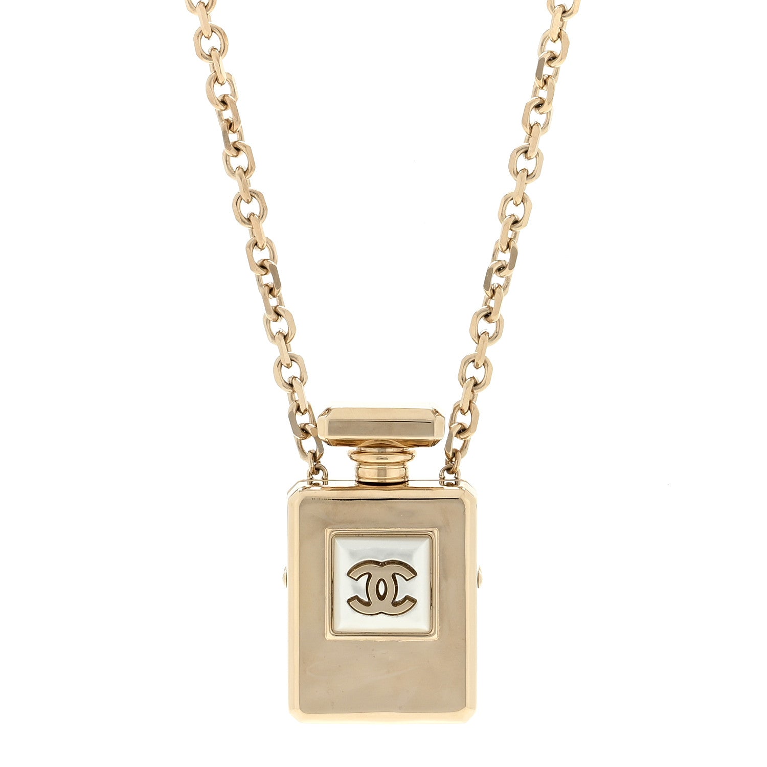 Chanel Metal Pearl Perfume Bottle CC Locket Necklace Gold 1 of 5