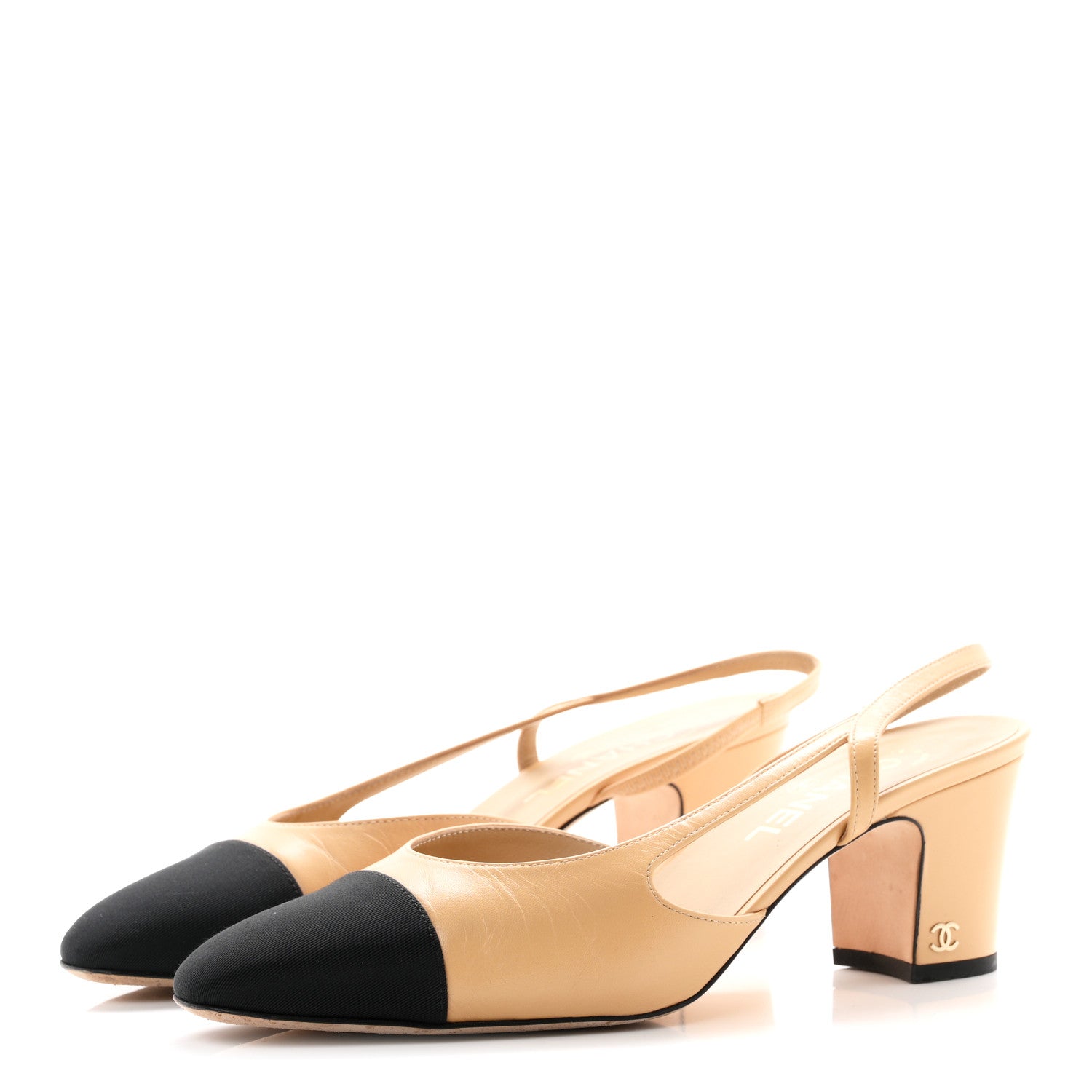 Chanel Goatskin Grosgrain Cap Toe CC Slingback Pumps 40 Beige Black 4 of 10