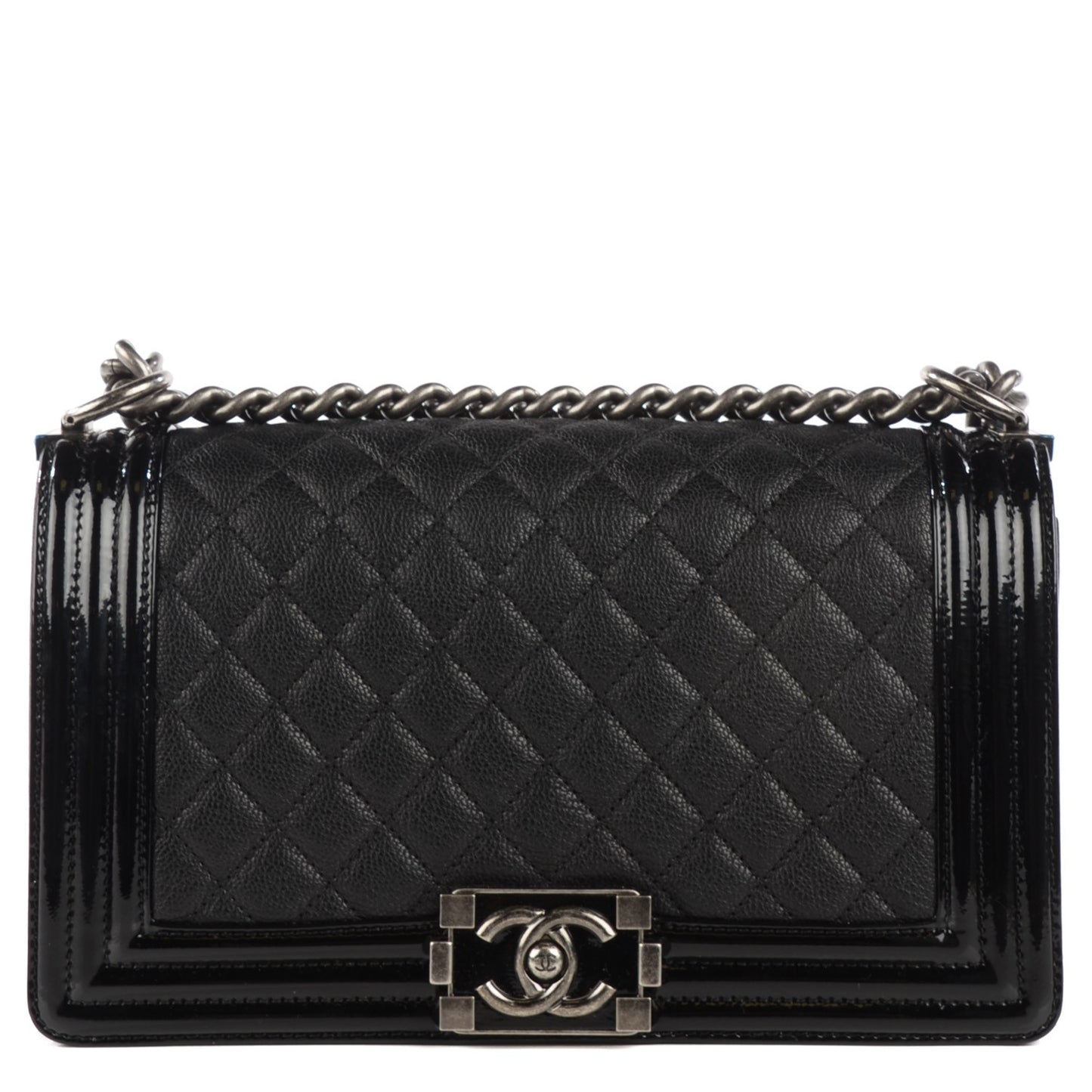 Goatskin Quilted Patent Medium Duo Boy Flap Black
