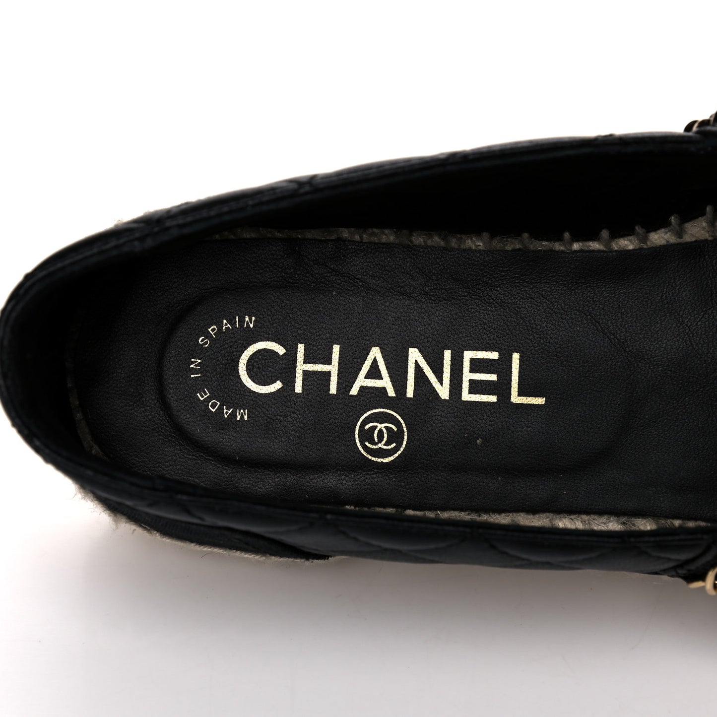 Lambskin Grosgrain Quilted CC Chain Espadrilles 38 Black