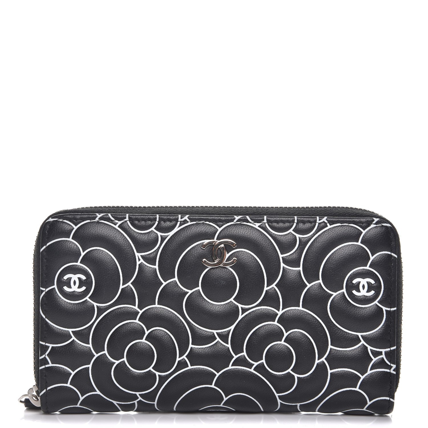 Chanel Lambskin Camellia Embossed Zip Around Wallet Black 1 of 9