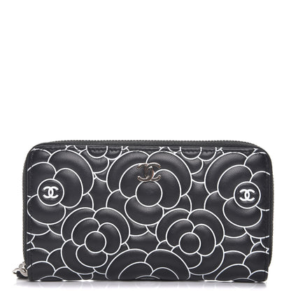 Chanel Lambskin Camellia Embossed Zip Around Wallet Black 1 of 9