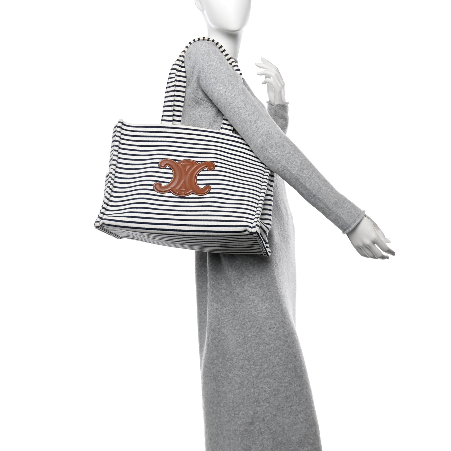 Celine Canvas Calfskin Striped Triomphe Cabas Navy 2 of 10