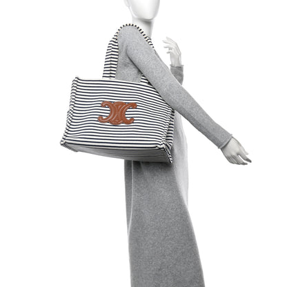 Celine Canvas Calfskin Striped Triomphe Cabas Navy 2 of 10