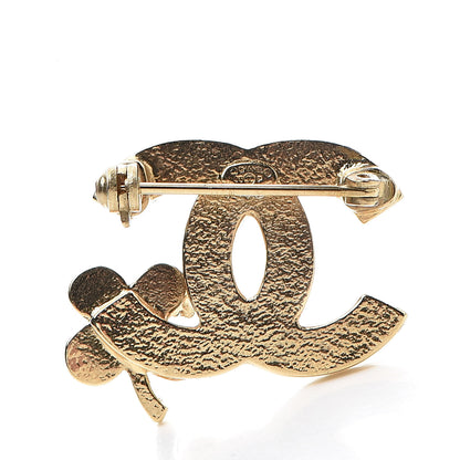 Chanel Crystal CC Clover Leaf Brooch Gold Green 3 of 5