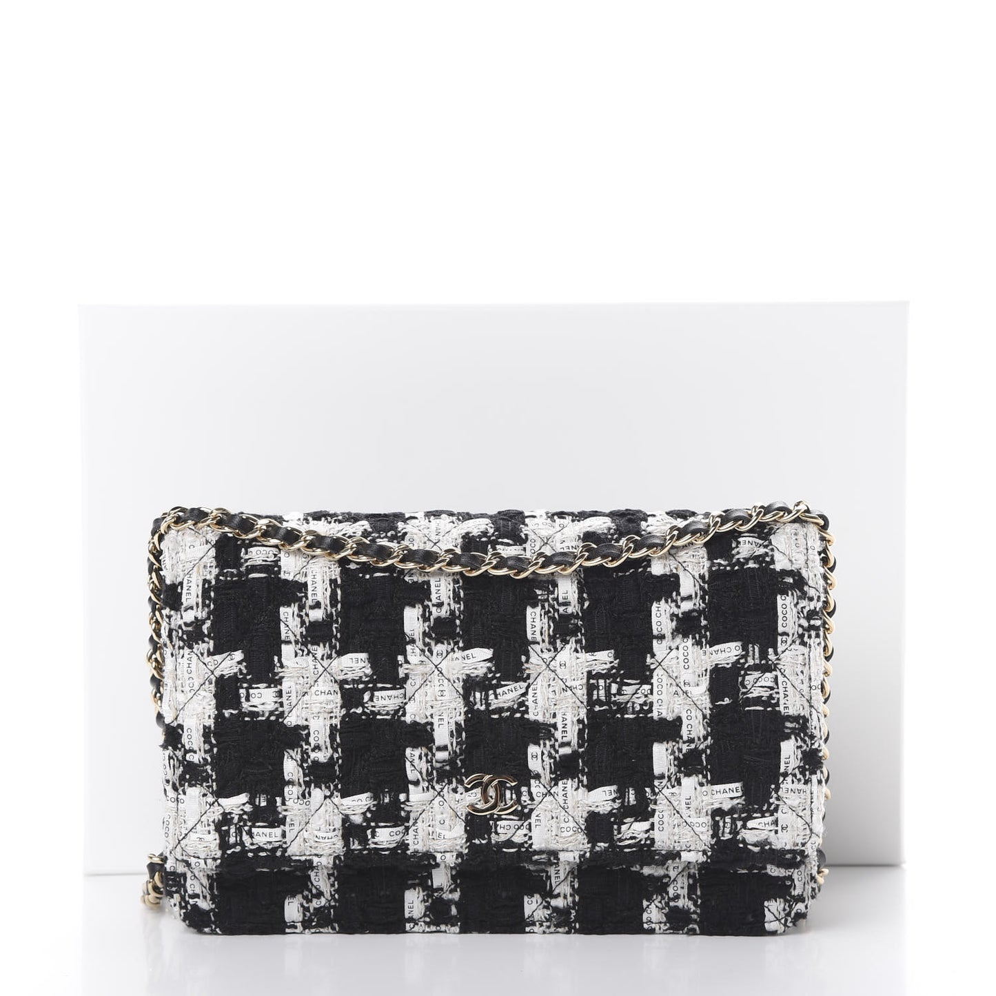 Tweed Quilted Wallet On Chain WOC Black Ecru White
