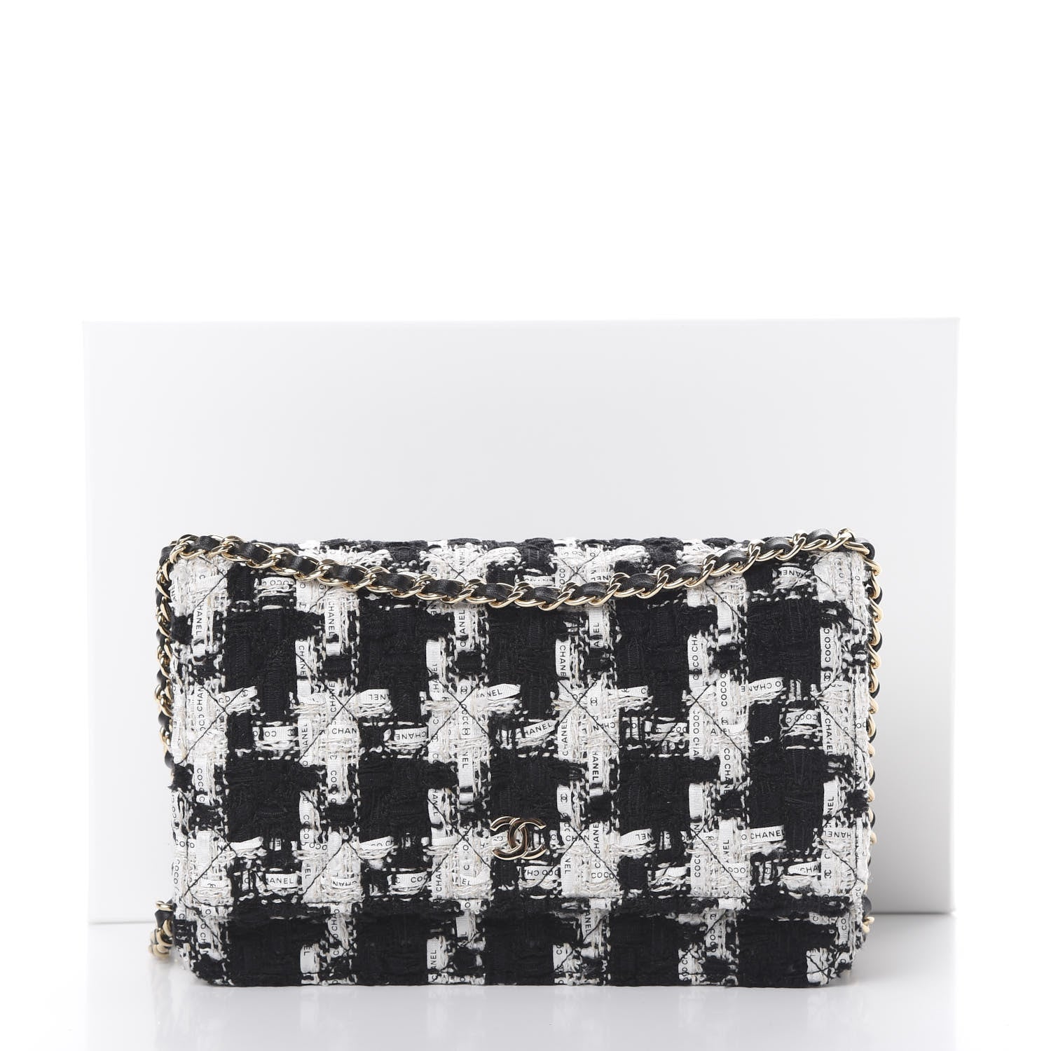 Chanel Tweed Quilted Wallet On Chain WOC Black Ecru White 12 of 12