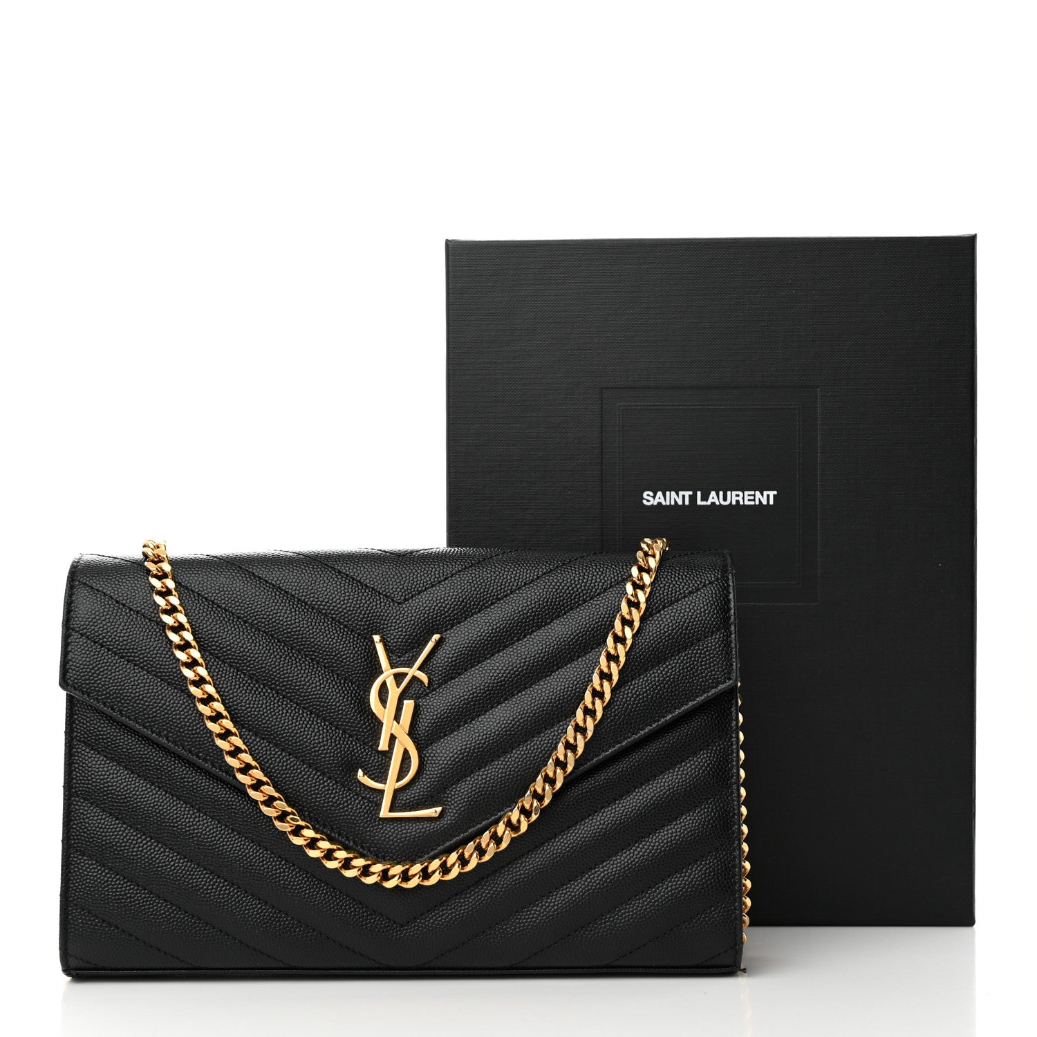 Saint Laurent Grain De Poudre Matelasse Chevron Monogram Chain Wallet Black 14 of 14