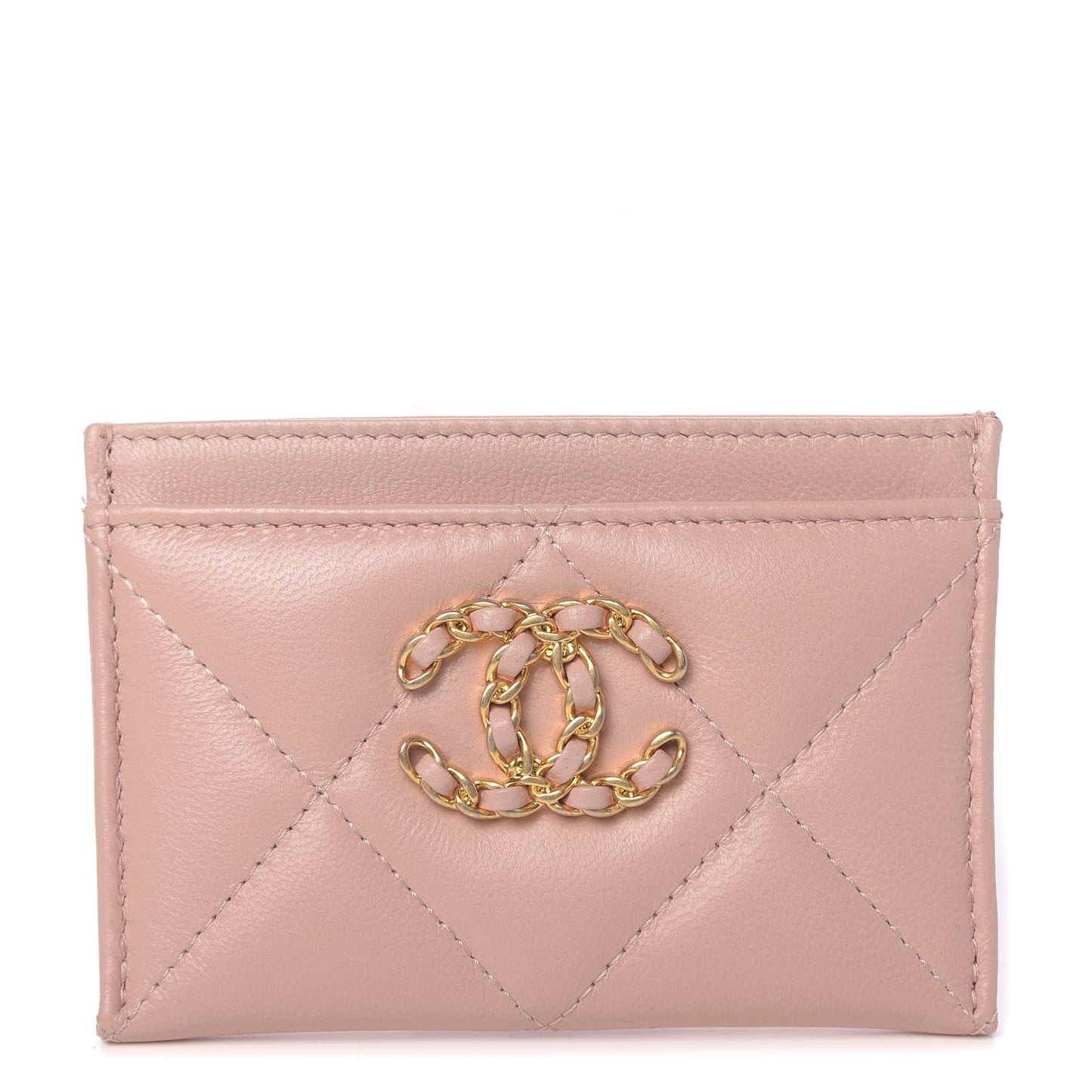 Shiny Goatskin Quilted Chanel 19 Card Holder Light Pink