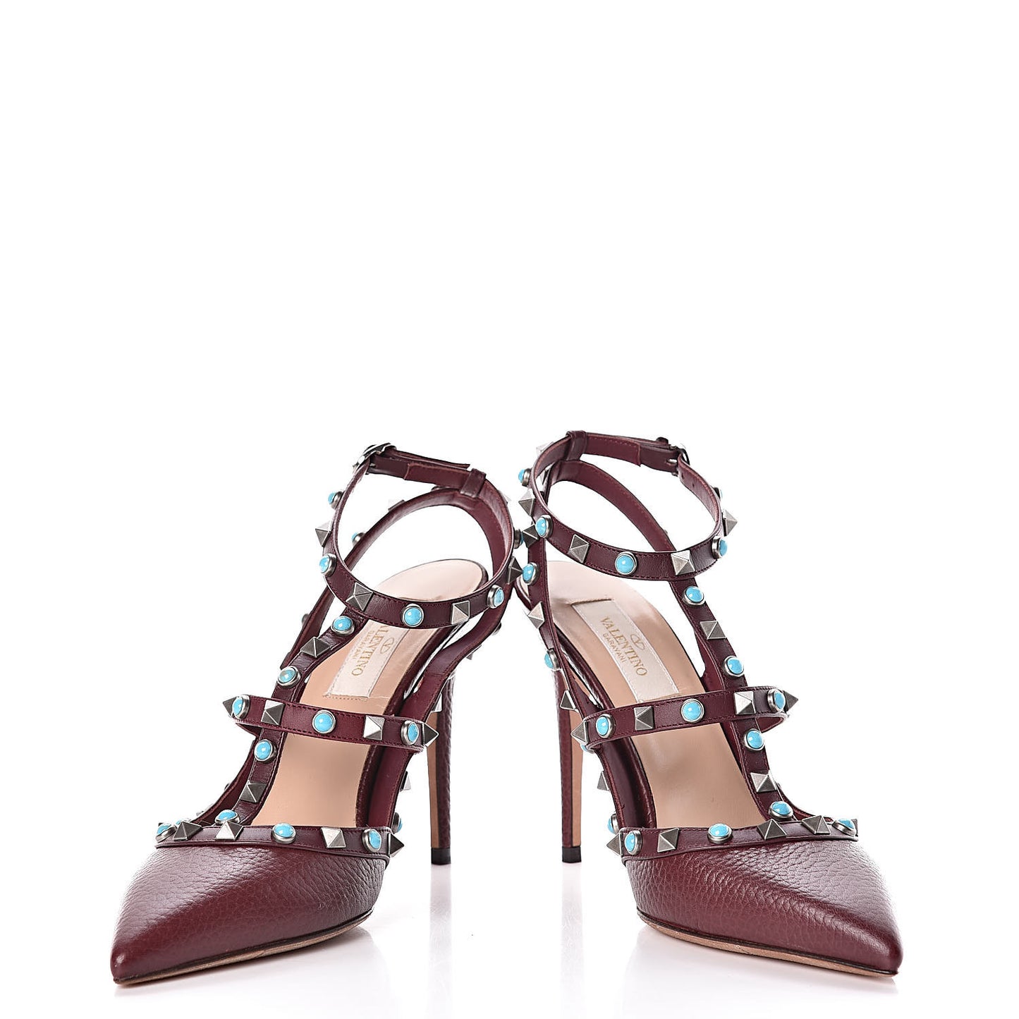 Pebbled Calfskin Turquoise Rockstud Rolling Ankle Strap 100mm Pumps 38 Rubin