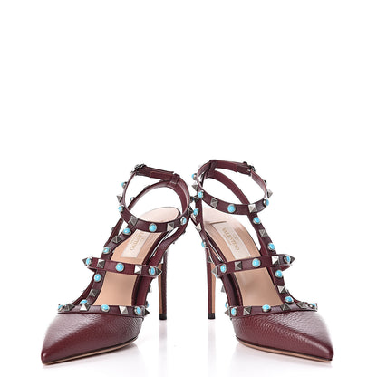 Valentino Garavani Pebbled Calfskin Turquoise Rockstud Rolling Ankle Strap 100mm Pumps 38 Rubin 5 of 12