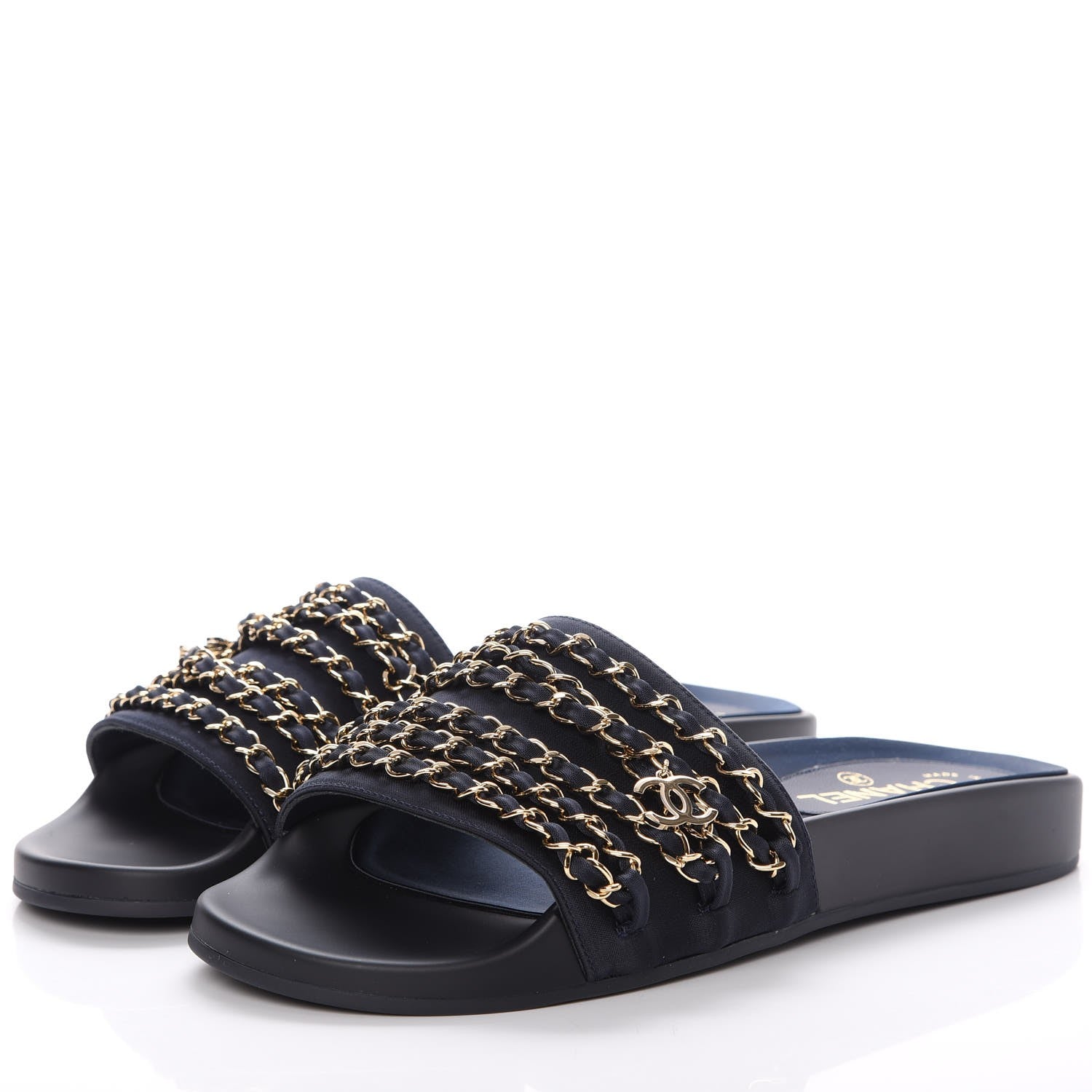 Chanel Lambskin Canvas Chain Flat Sandals 40 Marine 3 of 10