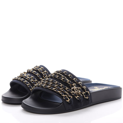 Chanel Lambskin Canvas Chain Flat Sandals 40 Marine 3 of 10