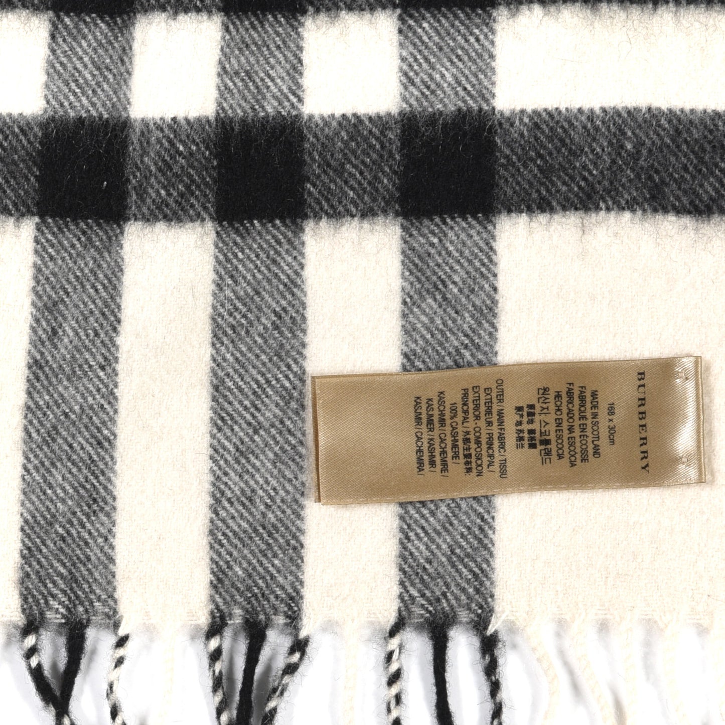 Cashmere Giant Check Fringe Scarf Ivory