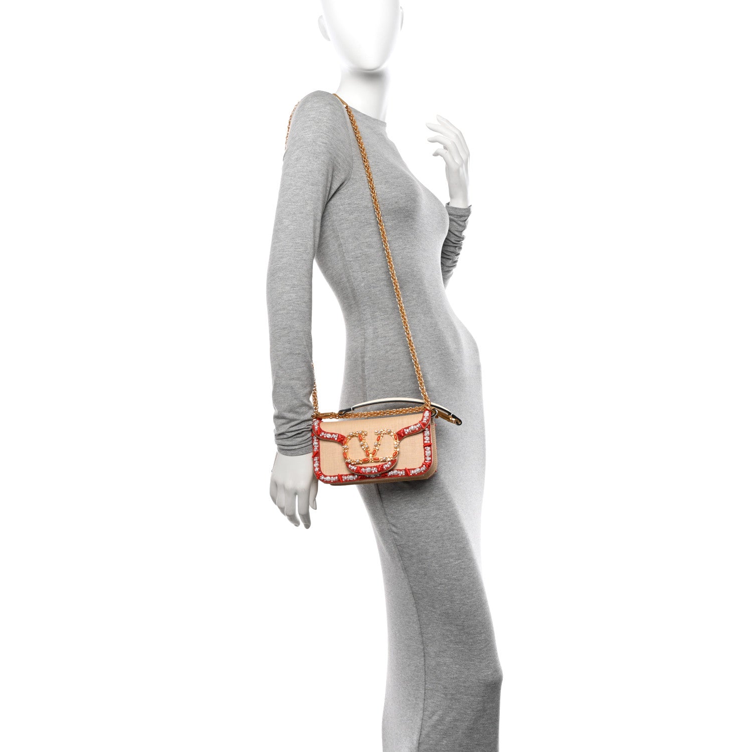Valentino Garavani Raffia Beaded Crystal Embroidered Vlogo Small Loco Shoulder Bag Natural Orange 2 of 12