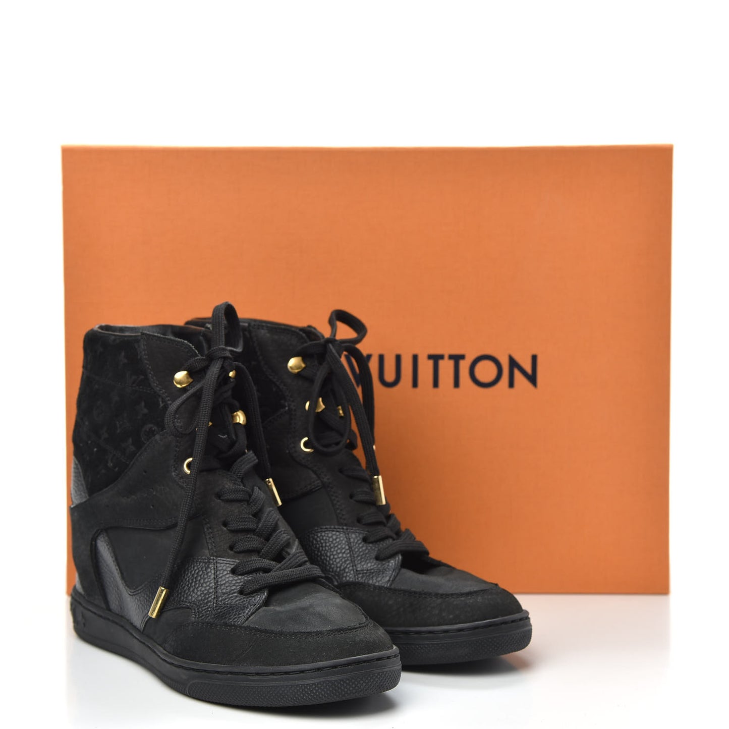 Calfskin Suede Monogram Cliff Top Wedge Sneakers 37 Black