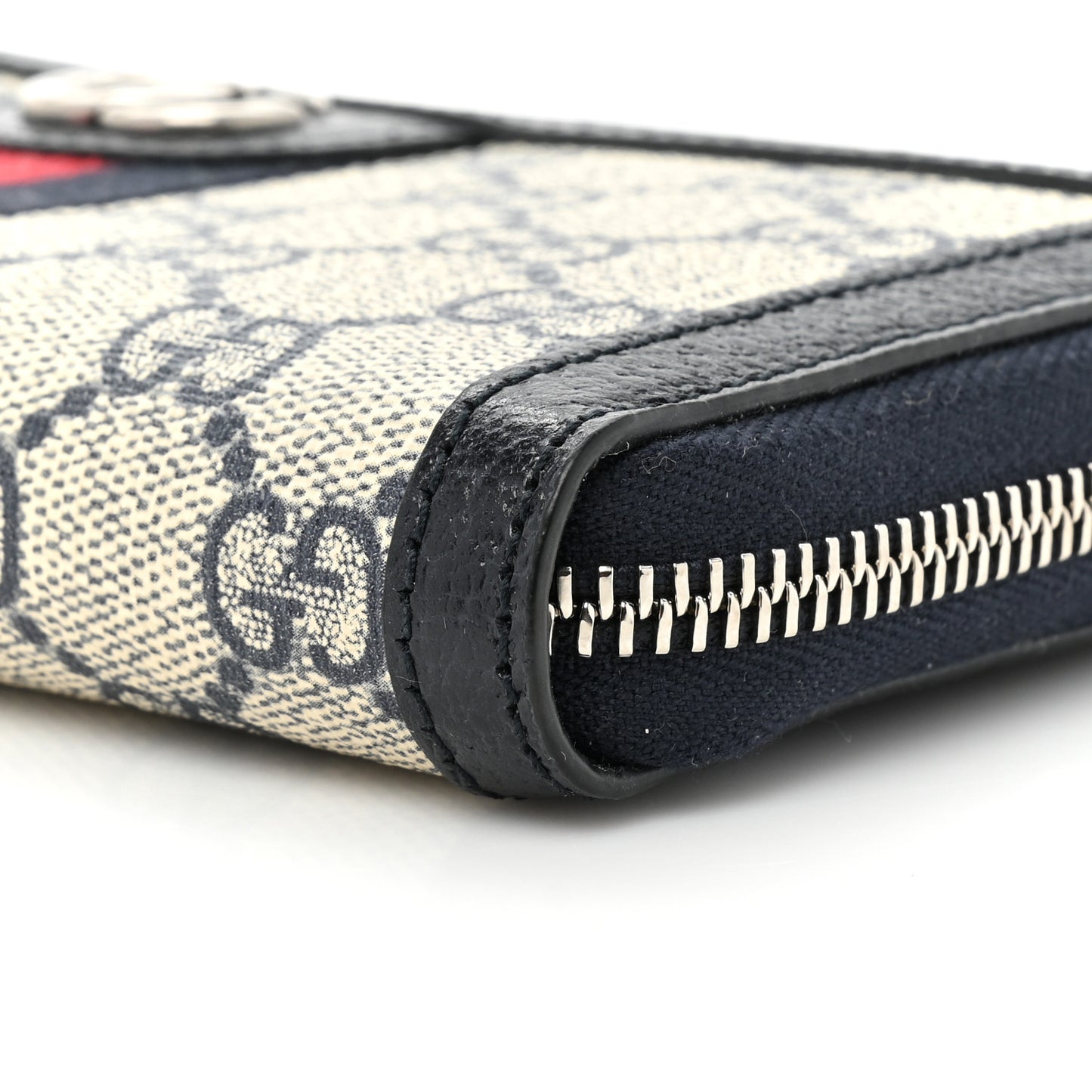GG Supreme Monogram Textured Dollar Calfskin Web Ophidia Zip Around Wallet Beige Blue